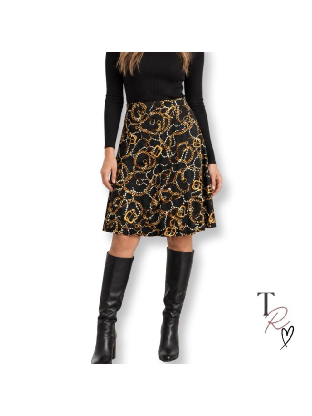 Vintage 90s Slinky Brand Chain Pearl Equestrian Print Knee Length Skirt Large